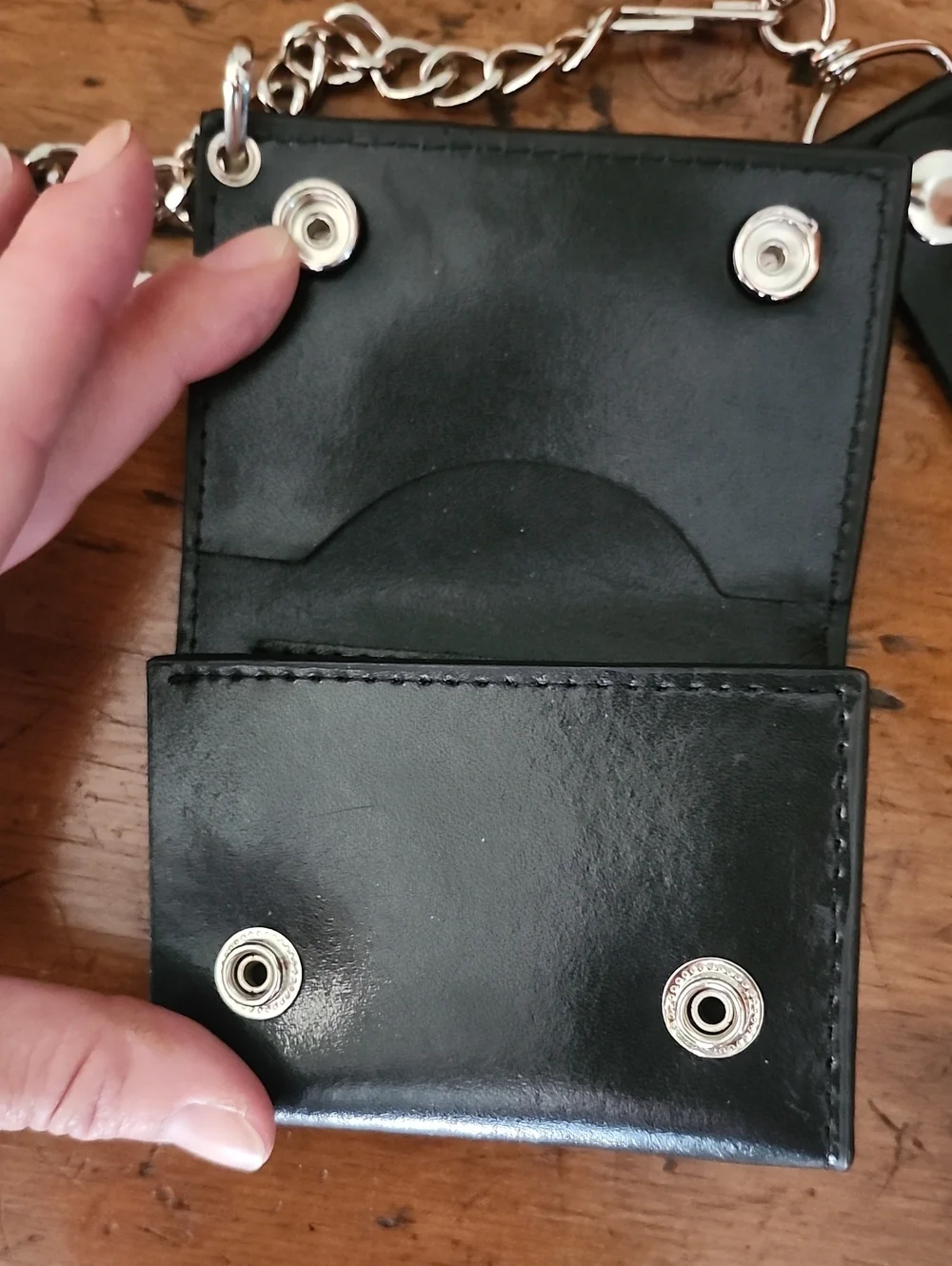 Tri-Fold Leather Black Punk Skull Chain Wallet with Key Strap